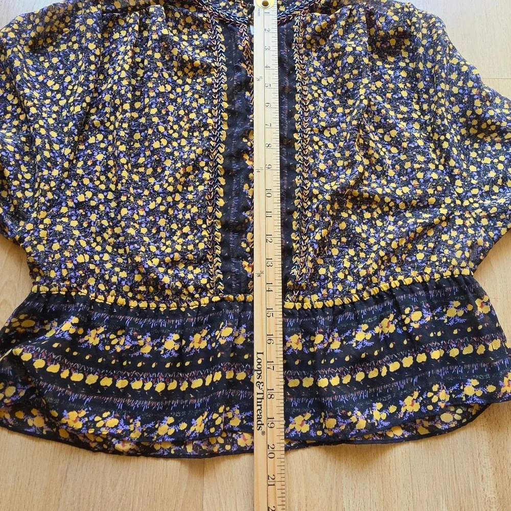 Free People Floral Beaded Peplum Crop Blouse XS Black Yellow Dolman Sleeve